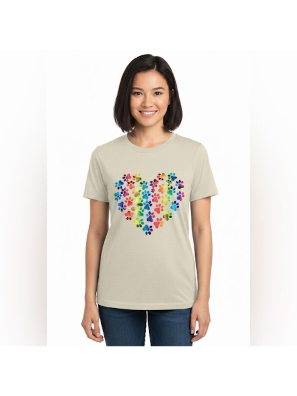 Graphic Gildan T-Shirt Tan with Rainbow Paw Print Heart Size L